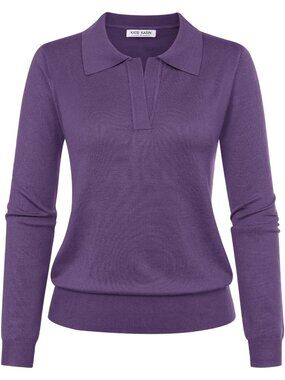 Kate Kasin Women's Dark Purple V Neck Long Sleeve Classic Knitted Polo Sweaters